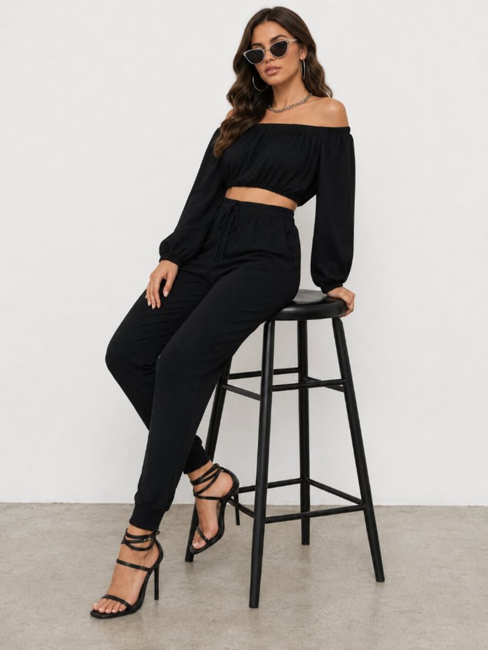 Black Feminine Off Shoulder Jogger Set NWT